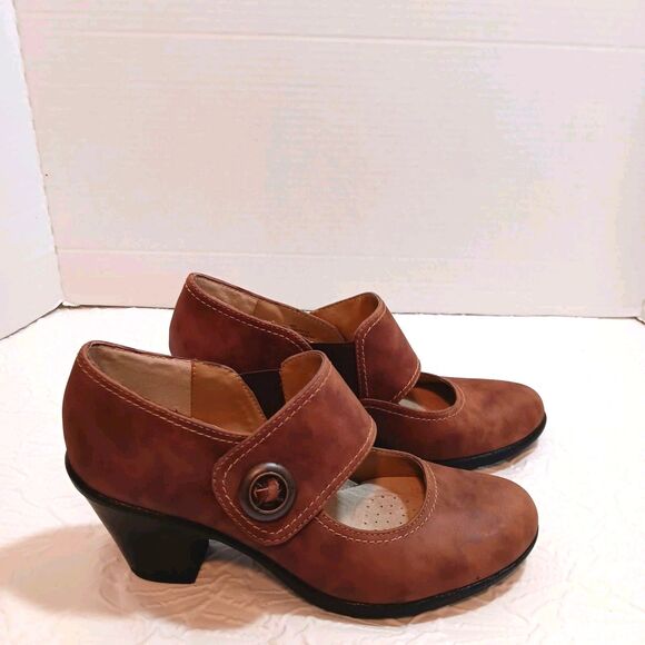 Softspots Brown Leather Mary Jane Block Heels Size 9 Slip On - Picture 3 of 10